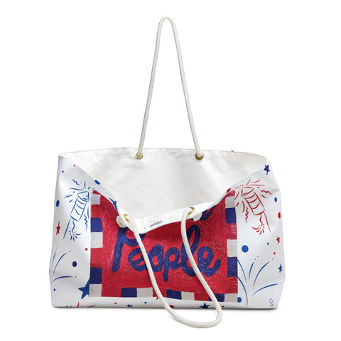 Red, white, and blue patriotic USA Weekender Bag by Printify featuring 250th anniversary design, perfect for travel and weekend trips.