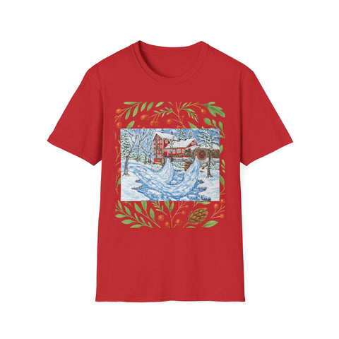 Old Mill in Winter T-Shirt — Rustic Snowy Mill Holiday Tee