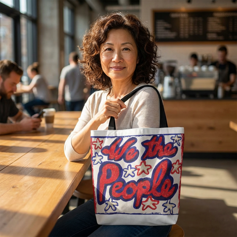 Printify patriotic tote bag with American flag design, celebrating the 250th anniversary of the USA, featuring bold red, white, and blue colors.
