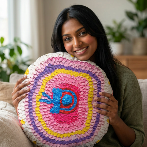 Abstract acrylic pillow for home decor featuring vibrant, modern design with colorful, artistic patterns.