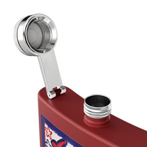 Patriotic red, white, and blue stainless steel flask mug celebrating 250th USA anniversary, with American flag design.