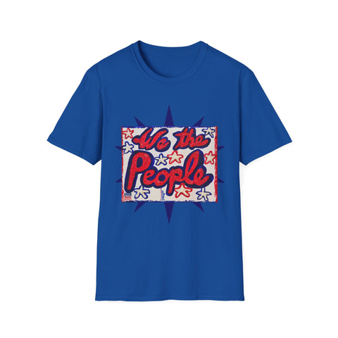 Original patriotic Printify T-shirt featuring Lady Liberty and American flag sticker with 'We the People' design on front and back.