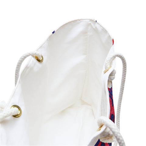 Red, white, and blue patriotic weekender bag by Printify featuring USA 250th Anniversary design for travel and casual use.