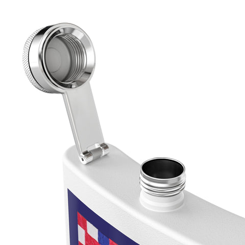 USA stainless steel flask with 250th anniversary patriotic red, white, and blue design, featuring a mug style with a sleek finish.
