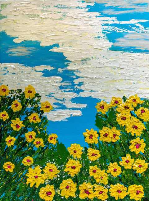 painting of clouds and yellow flowers