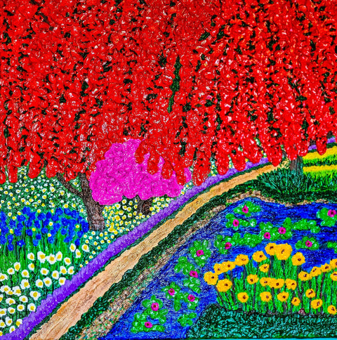 garden painting with a red tree
