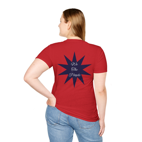 Red 250th Anniversary USA T-Shirt by Printify featuring patriotic painting and "We the People" design on front and back.