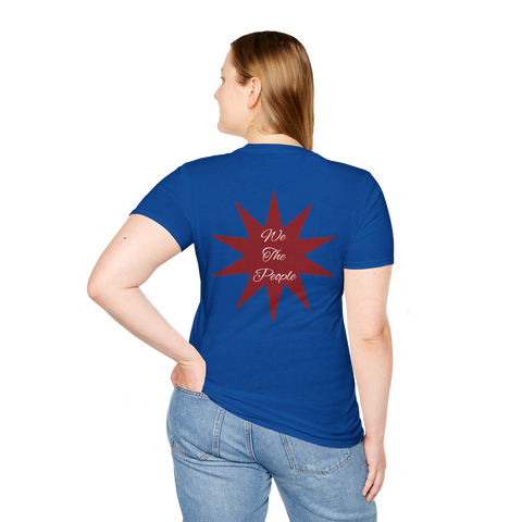 Person wearing a royal blue 250th Anniversary USA T-Shirt by Printify with patriotic painting and "We the People" design on front and back.