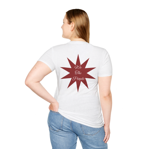 White 250th Anniversary USA T-Shirt by Printify featuring patriotic "We the People" painting on front and back.