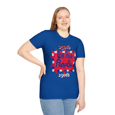 Royal blue 250th Anniversary USA T-Shirt by Printify featuring patriotic painting and "We the People" design on front and back.