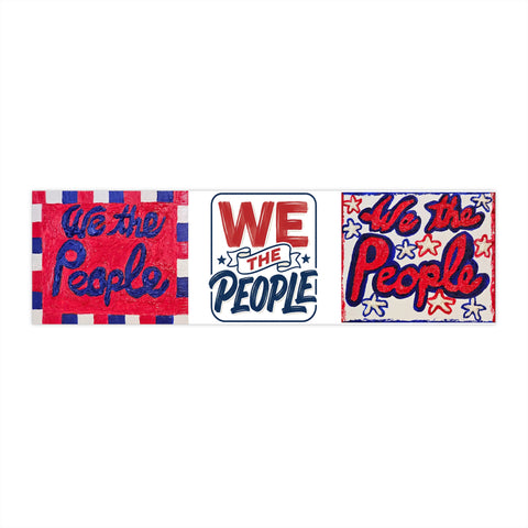 Three 'We the People' stickers with different designs on a white background