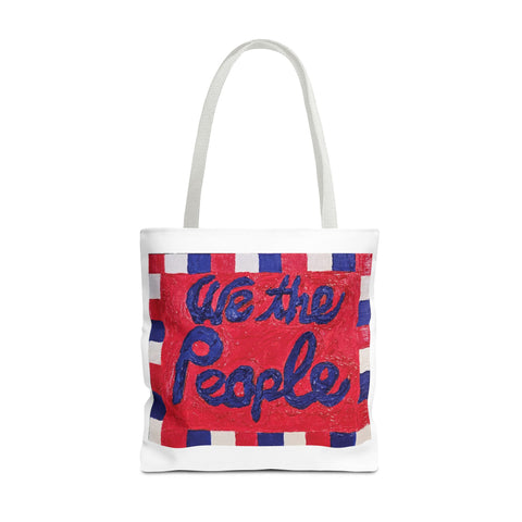 Red, white, and blue patriotic tote bag with American flag design, ideal for celebrating U.S. Independence Day or patriotic events.
