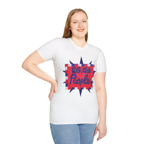 Original patriotic T-shirt by Printify featuring 'We the People' slogan and an America map symbol on front and back.