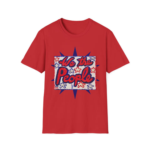Patriotic T-shirt by Printify featuring Lady Liberty and American flag with "We the People" text on front and back.