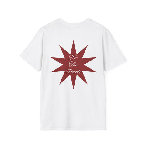 Red, white, and blue patriotic T-shirt with original 250th anniversary USA design featuring 'We the People' artwork on front and back.