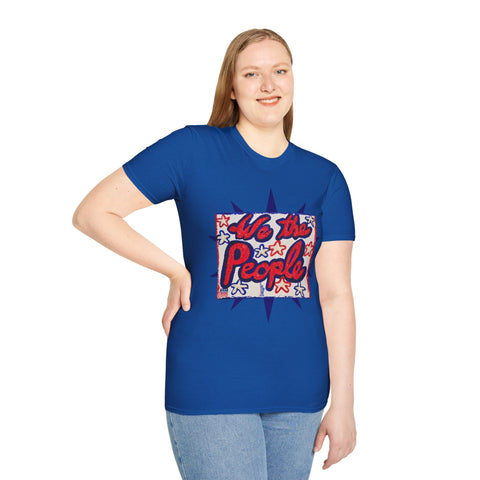 Original patriotic T-shirt by Printify featuring Lady Liberty and American flag design with 'We the People' text on front and back.