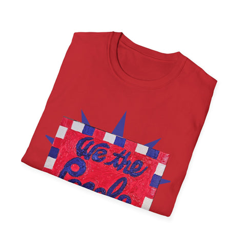 Red, white, and blue USA T-shirt by Printify featuring patriotic artwork and "We the People" text on front and back.