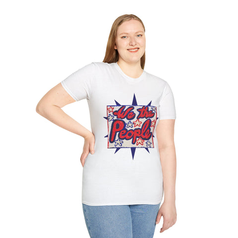 USA 250th Anniversary patriotic T-shirt by Printify featuring original 'We the People' painting on front and back.