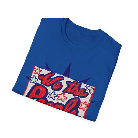 Red, white, and blue USA T-shirt with patriotic artwork and "We the People" text on front and back, by Printify.