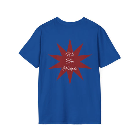 Original patriotic T-shirt by Printify featuring America map symbol and "We the People" design on front and back.