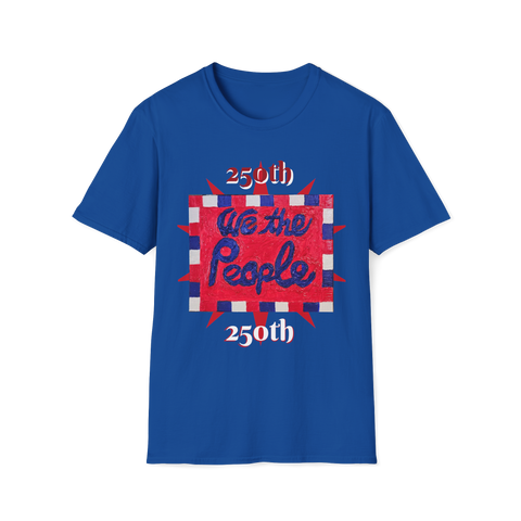 Royal blue Printify 250th Anniversary USA T-shirt featuring patriotic "We the People" artwork on front and back.