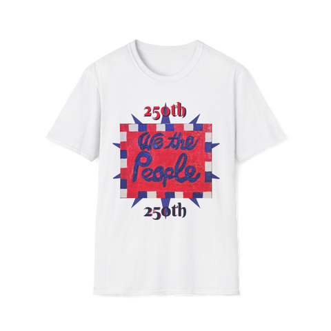 White 250th Anniversary USA T-Shirt by Printify featuring patriotic "We the People" artwork on front and back.
