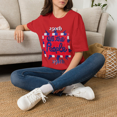 Red patriotic T-shirt by Printify featuring original anniversary painting with "We the People" design on front and back.