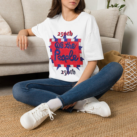 White 250th Anniversary USA T-Shirt by Printify featuring patriotic painting with 'We the People' design on front and back.
