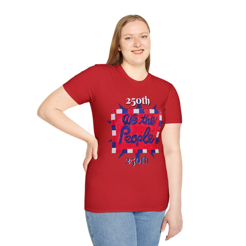 Red USA 250th Anniversary T-Shirt by Printify featuring patriotic "We the People" artwork on front and back.