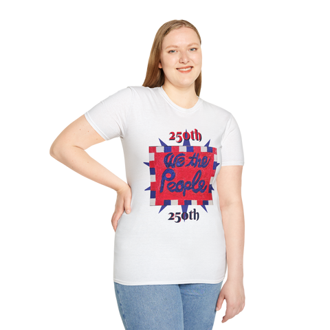 White 250th Anniversary USA T-Shirt by Printify featuring patriotic painting and "We the People" design on front and back.