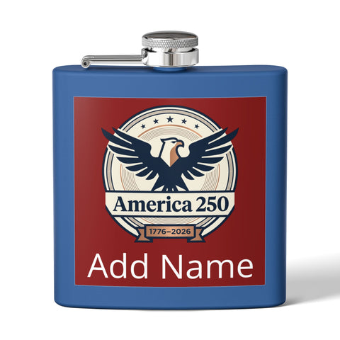 Patriotic red, white, and blue stainless steel flask mug celebrating 250th USA anniversary, with a patriotic design.