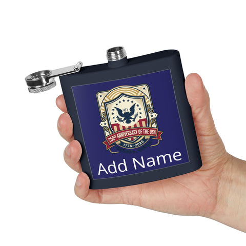 Black flask with USA 240th anniversary design held in a hand on a white background