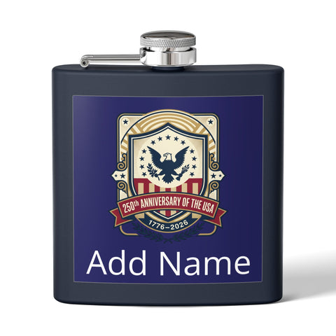 Patriotic 250th Anniversary USA stainless steel flask mug with red, white, and blue design by Printify.