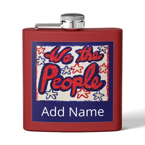 Stainless steel patriotic USA flask with red, white, and blue design celebrating 250th anniversary, shown with a mug shape.