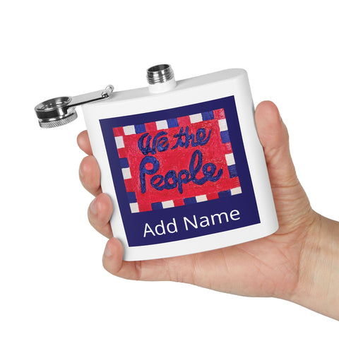 Flask with 'We the People' design held in a hand on a white background